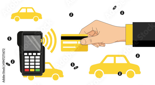 Contactless Payment for Taxi Ride: Hand Holding Credit Card Near POS Terminal and Yellow Cars