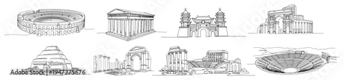 Ancient world landmarks and monuments collection in clean line art style