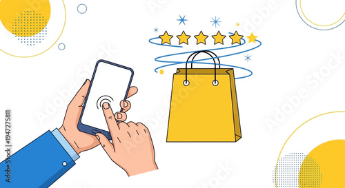 Customer rating online shopping experience with smartphone and shopping bag, 5 stars
