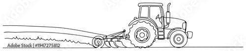 Agricultural tractor plowing field in minimalist continuous line art style