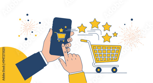 Customer reviews and online shopping experience with smartphone and shopping cart, stars rating
