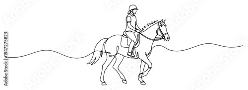 Equestrian rider on horseback during gallop in continuous line art style