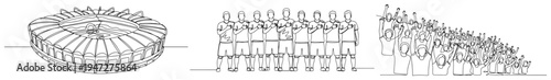 Soccer stadium with football team and cheering fans in continuous line art style