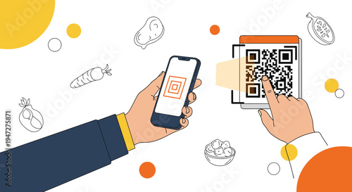 Customer scans QR code on phone for food information, digital grocery shopping concept