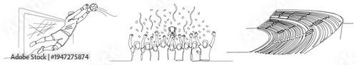 Soccer match moments with goalkeeper save celebration and stadium stands in continuous line art style