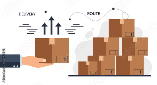 Delivery service: Hand holding package, route to stacked boxes, logistics concept