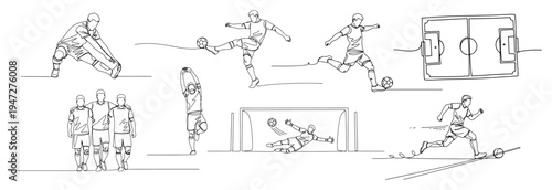 Soccer players collection performing different football actions in minimalist continuous line art style