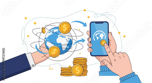 Global Mobile Money Transfer: Smartphone, Earth, Coins, and Hands Illustrating Financial Transactions