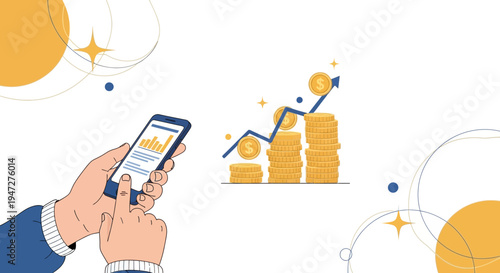 Hand holding smartphone with financial chart, stacks of coins, and upward arrow graph