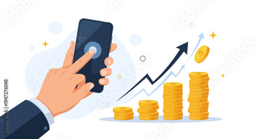Hand holding smartphone with growing coins stack and upward trend graph, financial growth concept