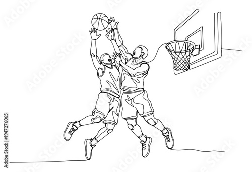 Basketball players jumping for a dunk near the hoop in minimalist continuous line art style