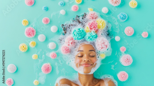 Blissful woman luxuriating in vibrant turquoise bath, her face serenely covered in soft foam, surrounded by array of colorful, flower-shaped bath sponges, symbolizing ultimate relaxation and self-care