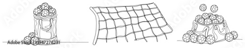 Soccer training equipment including ball bags and goal net in minimalist continuous line art style