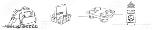 Sports team accessories with duffle bag and water bottle carrier in minimalist continuous line art style