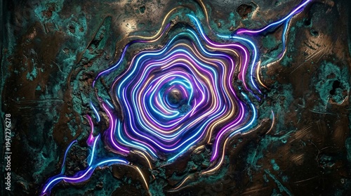 Patinated bronze texture with embedded neon ripple core, luxury abstract