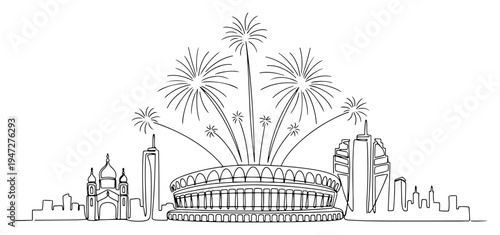 Fireworks exploding over a stadium and city skyline in continuous line art style
