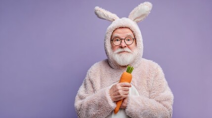 An elderly man dressed in a pink bunny costume holds a carrot against a purple background with a playful expression.
