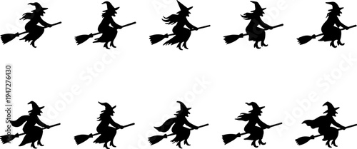 Witch silhouette icon set vector illustration featuring 10 spooky designs of witches riding broomsticks with unique hats and postures