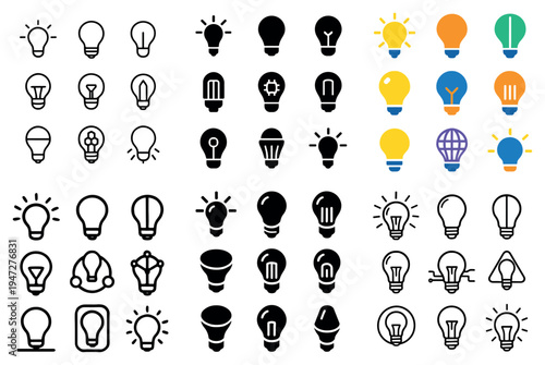 Ideas icons with light bulb filament flat