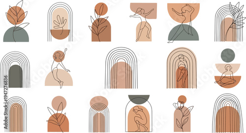 Collection of abstract human portraits with architectural elements