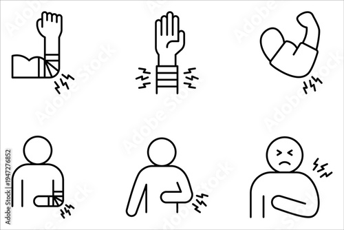Arm swelling icon set. Rash on hand on white background