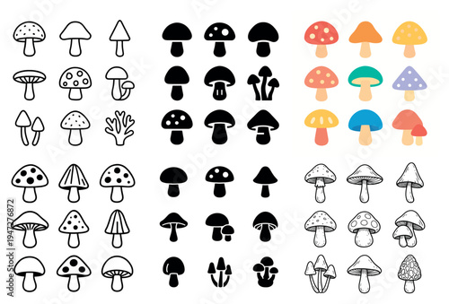 Nature icons with mushroom cap stem colorful
