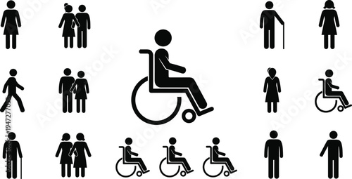 Accessibility silhouettes illustration, wheelchair icon centerpiece, diverse people vector art, inclusive design, mobility representation, disability concept, social diversity