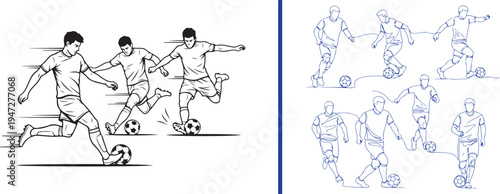 Action-oriented vector line art of soccer players in blue and black. Displays multiple athletes in motion, focusing on dribbling, striking, and precise ball control techniques.