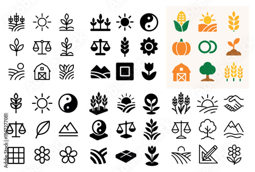 Agriculture icons with wheat sun barn outline