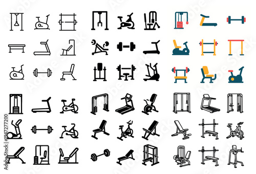 Gym icons with bench barbell treadmill colorful