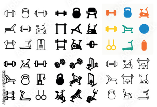 Fitness icons with dumbbell kettlebell bench flat