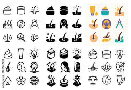 Skincare icons with cream jar hair flat