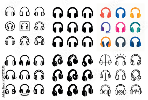 Audio icons with headphones mic headset flat colorful