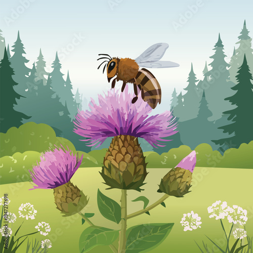Bee hovering over vibrant purple thistle flower in a lush green meadow setting