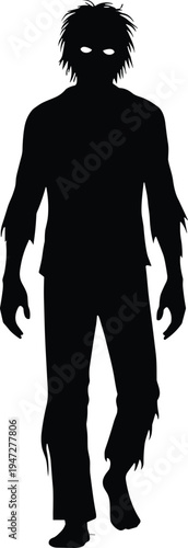 Black silhouette humanoid figure with glowing eyes, disheveled hair, tattered clothing, eerie posture, spooky Halloween monster vector illustration