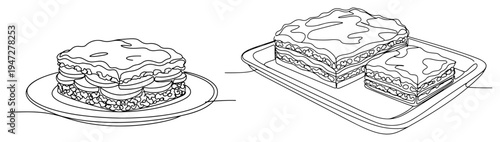 Layered cake slices on plate and tray in continuous line art style