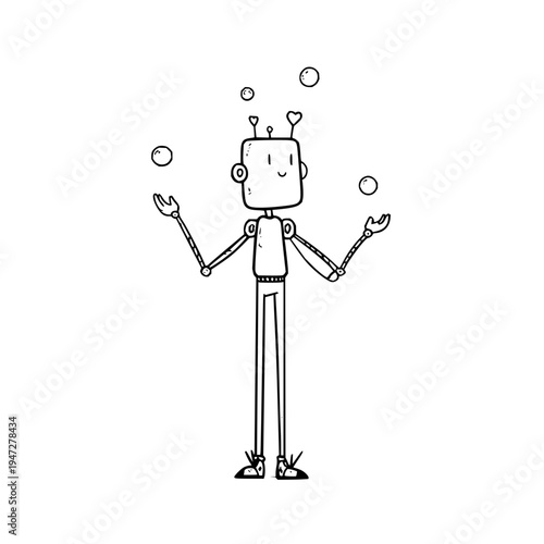 Smiling Robot Juggling Bubbles in Minimalist Line Art