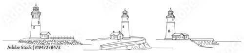 Lighthouse buildings on rocky shorelines in continuous line art style