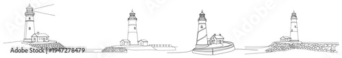 Lighthouses on coastal rocks and piers in continuous line art style