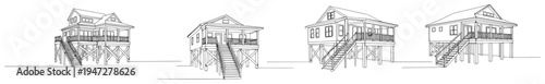 Beach houses on stilts with stairs in minimal line art style