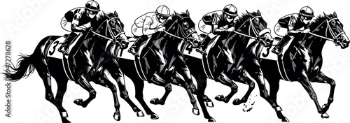 Black silhouette jockeys racing horses, dynamic galloping figures, competitive sport artwork, speed and motion equestrian illustration vector design