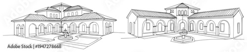 Mediterranean villa with inner courtyard and water fountain in line art style