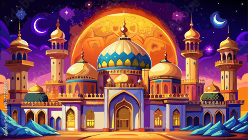 Vector illustration of a colorful mosque with domes and minarets at sunset