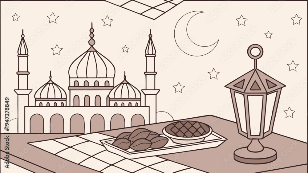 Fototapeta premium Vector illustration of mosque, lantern, dates, and stars at night