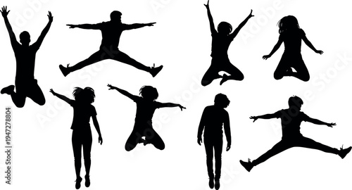 Black silhouettes of people jumping and standing in dynamic poses, expressive body language, energetic motion, minimal vector illustration artwork