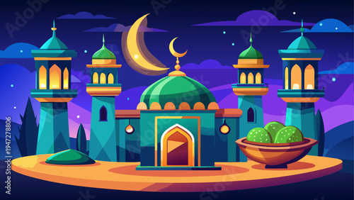 Vector illustration of a mosque with crescent moon at night