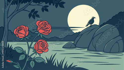 Vector illustration of moonlit landscape with roses and bird