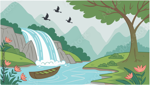 Vector scenic landscape with waterfall, boat, and mountain range
