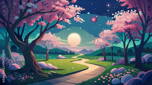 Vector illustration of a serene landscape with cherry blossom trees, pathway, and full moon