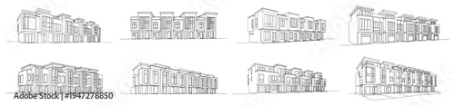 Modern townhouse residential buildings and terraced houses in architectural line art style